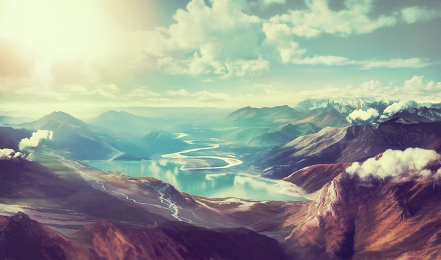 山と湖と太陽と空が広がる幻想的な風景